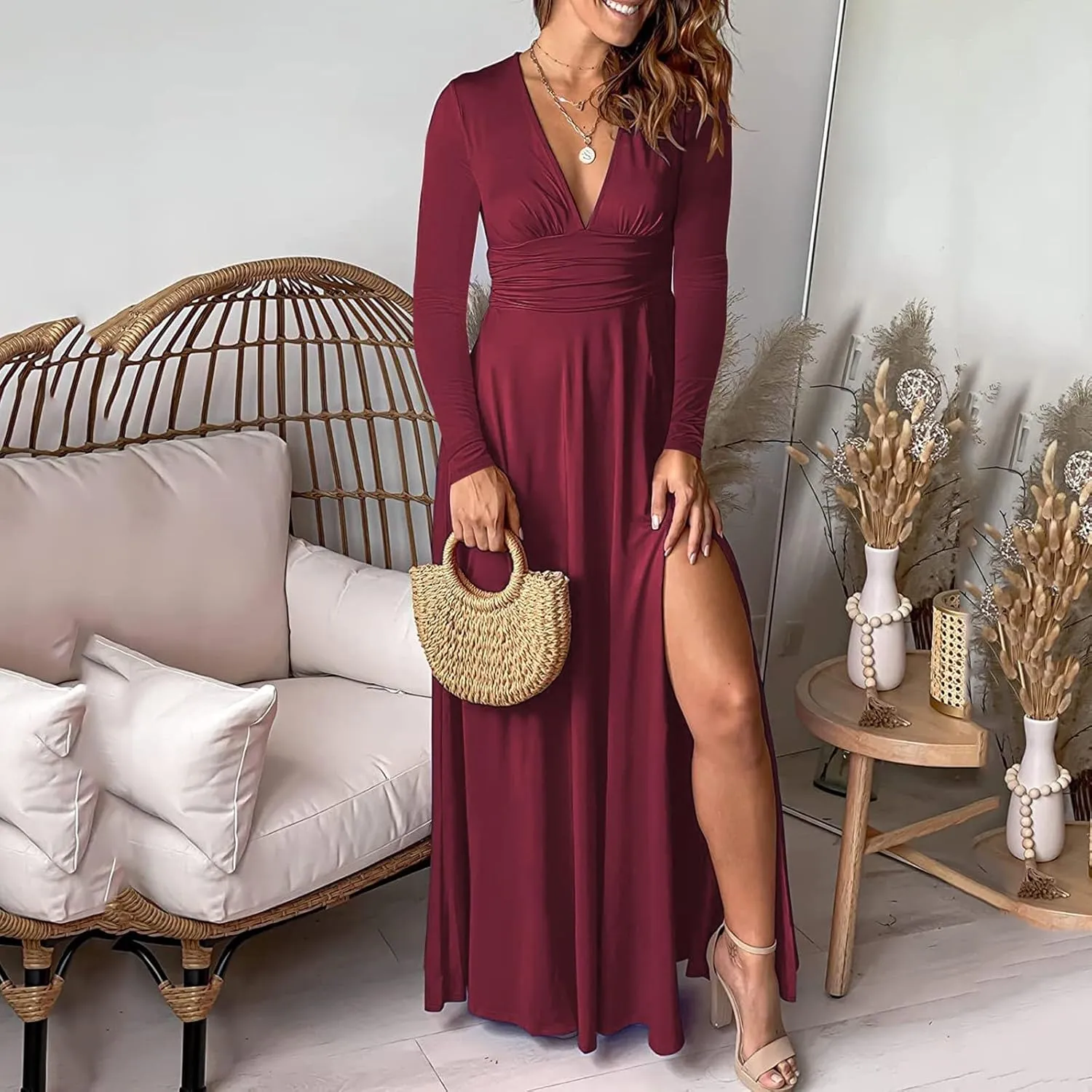 Women's Deep V Neck Long Sleeve Maxi Dresses Tunic Pleated High Waist Slit Club Party Evening Wedding Guest Dress