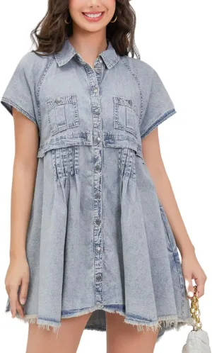 Womens Denim Dress Babydoll Short Sleeve Distressed Loose Button Down Casual Jean Shirt Dress