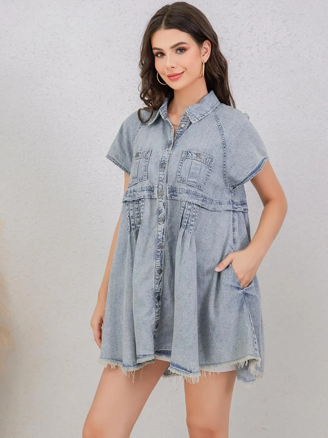 Womens Denim Dress Babydoll Short Sleeve Distressed Loose Button Down Casual Jean Shirt Dress