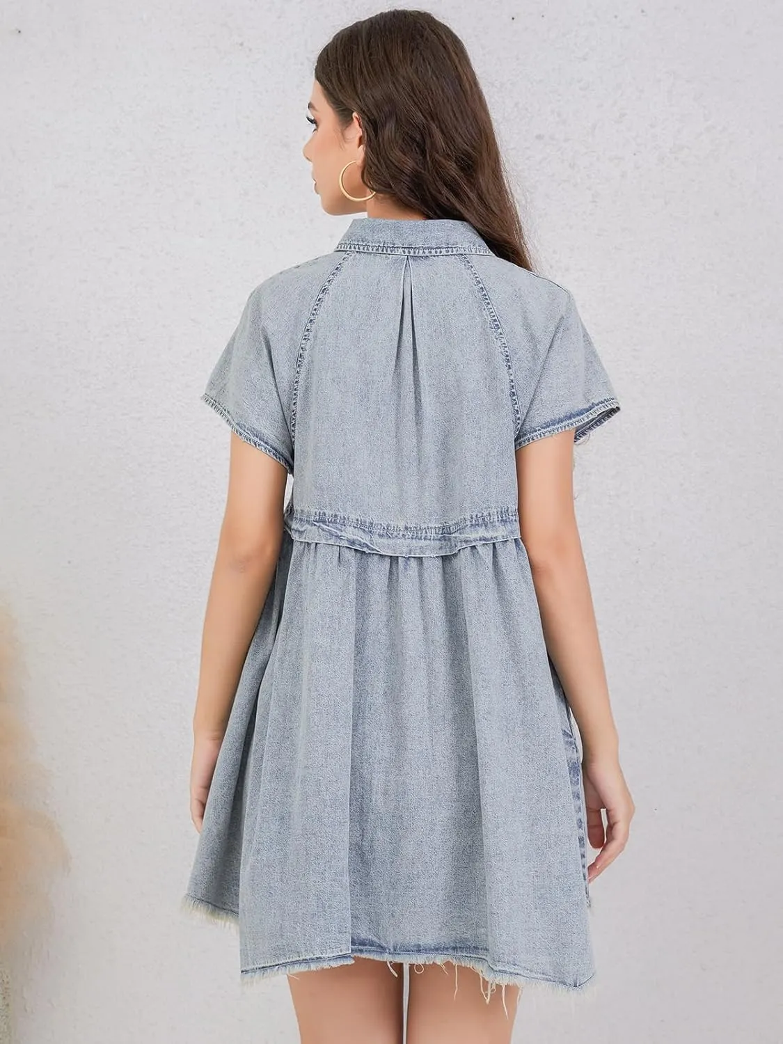 Womens Denim Dress Babydoll Short Sleeve Distressed Loose Button Down Casual Jean Shirt Dress