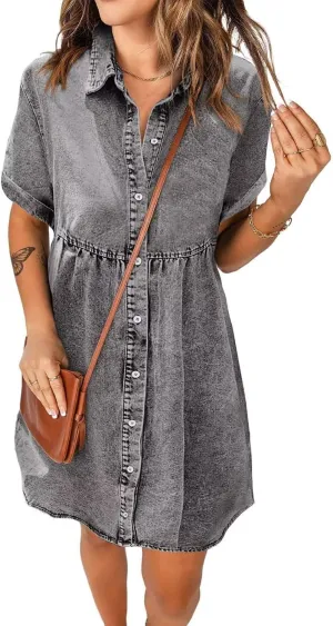 Women's Denim Dress for Women Blue Jean Dress 2025 Trendy Summer Short Sleeve Denim Dresses with Pockets