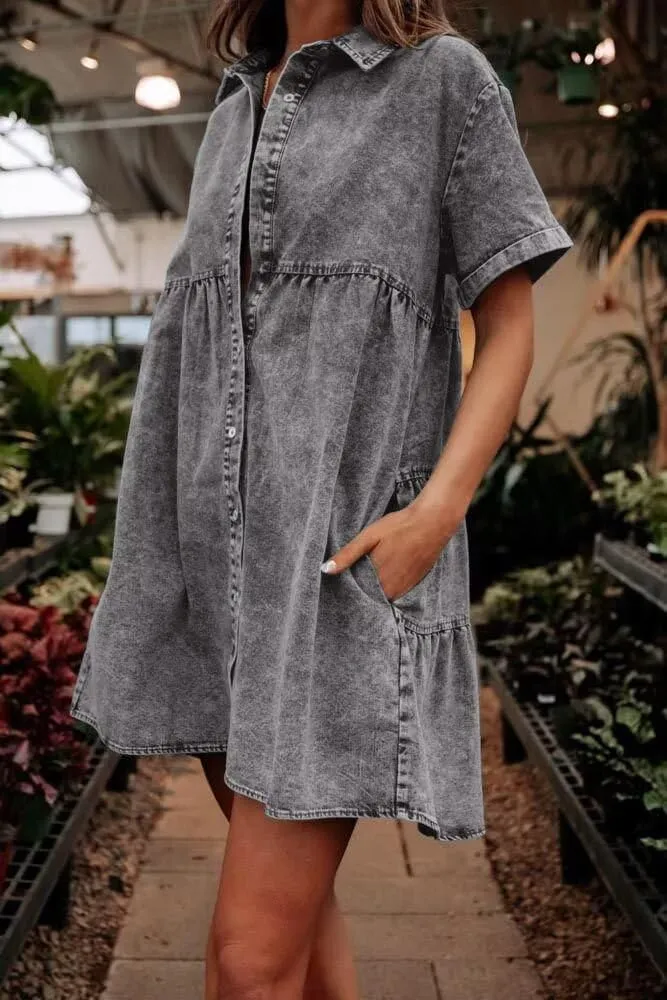 Women's Denim Dress for Women Blue Jean Dress 2025 Trendy Summer Short Sleeve Denim Dresses with Pockets