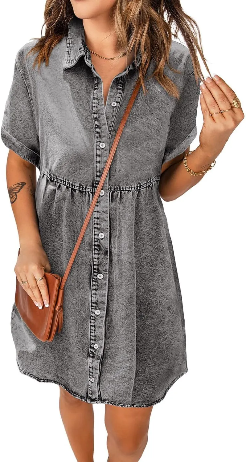 Women's Denim Dress for Women Blue Jean Dress 2025 Trendy Summer Short Sleeve Denim Dresses with Pockets