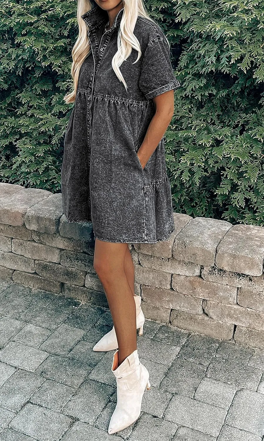 Women's Denim Dress for Women Blue Jean Dress 2025 Trendy Summer Short Sleeve Denim Dresses with Pockets