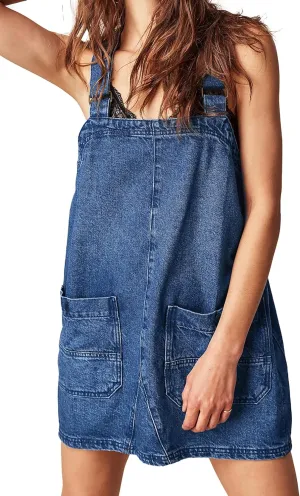 Womens Denim Overalls Dress Casual Summer Loose Bib Rompers Jumpers Adjustable Straps Jean Overall Dress