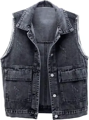 Womens Denim Vest Cropped Jean Jacket for Women Casual Distressed Denim Vest Sleeveless Waistcoat with Removable Hood
