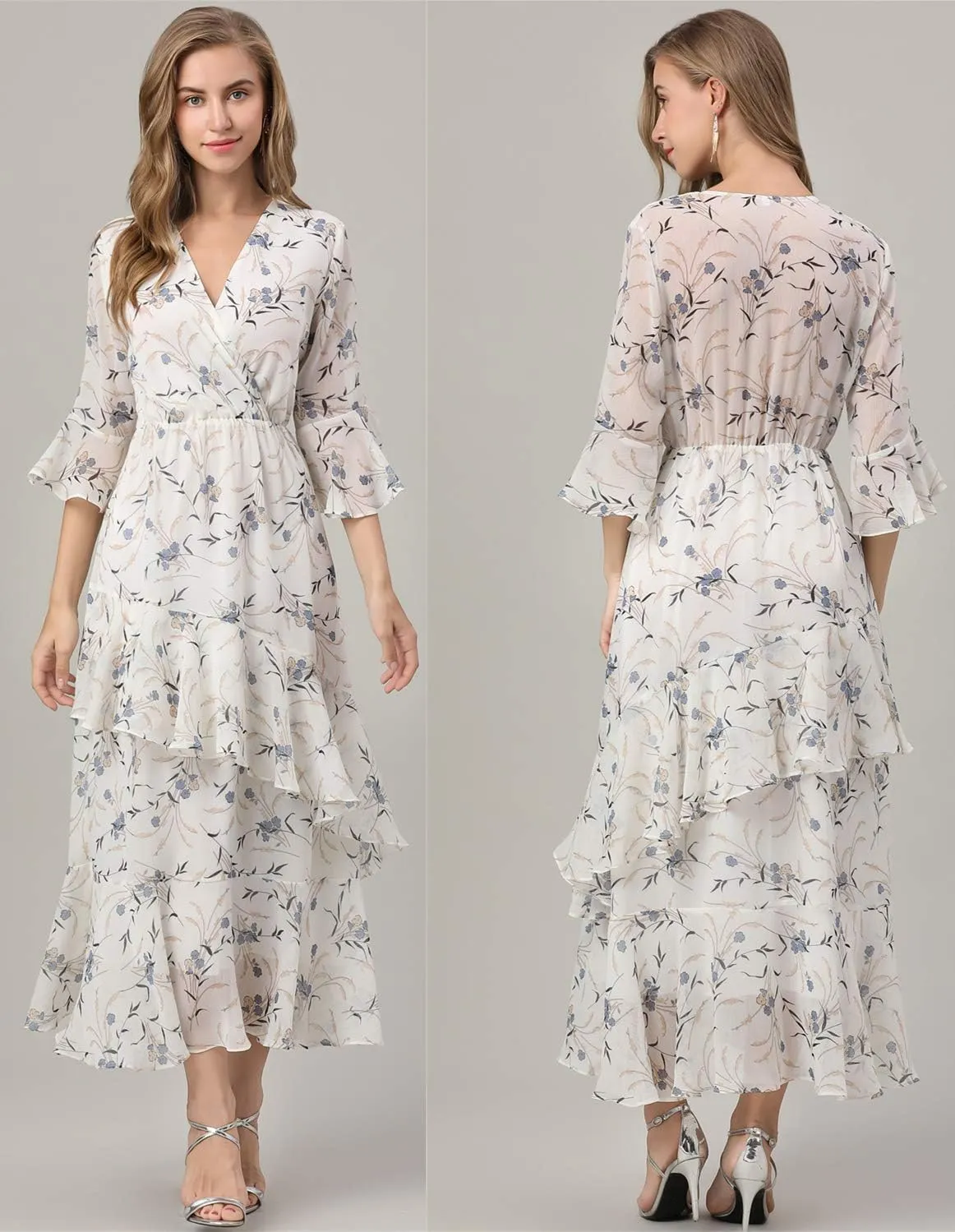 Womens Dresses Yellow Floral Maxi Dress V Neck High Waist Chiffon Beach Summer Party Casual Long Dresses
