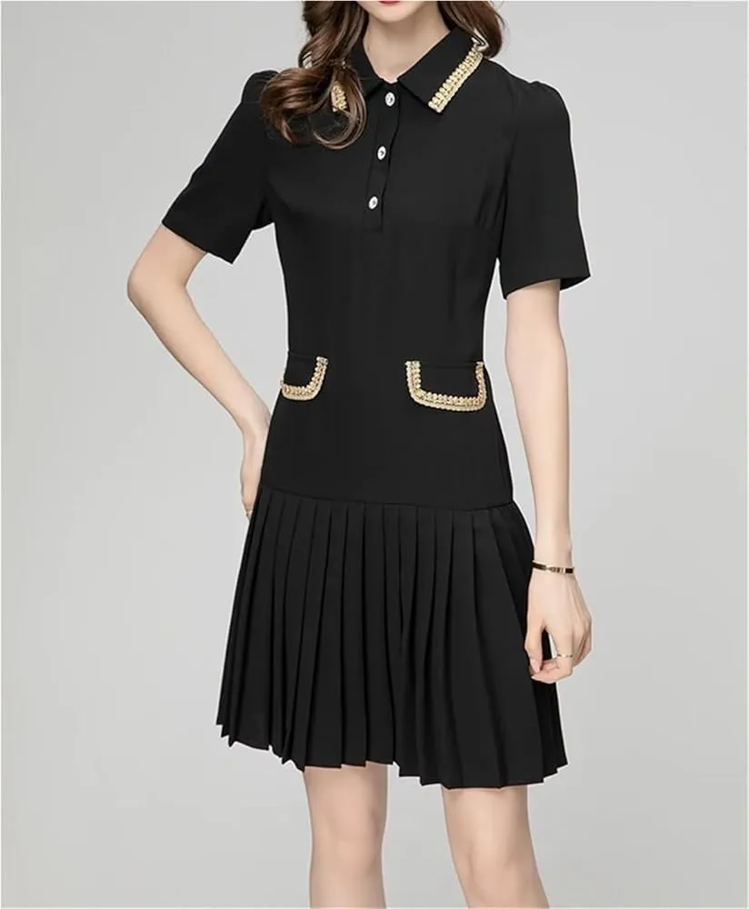 Women's Fashion Black Lapel Party Dress Spring Mini Dress with Button Pockets Elegant Cocktail Clubwear