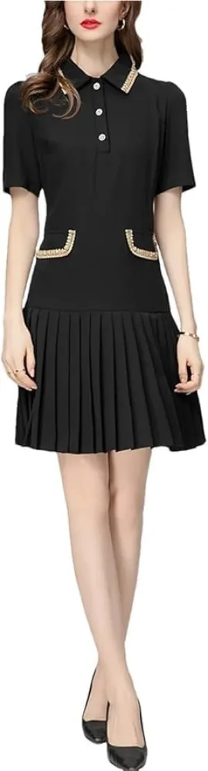 Women's Fashion Black Lapel Party Dress Spring Mini Dress with Button Pockets Elegant Cocktail Clubwear