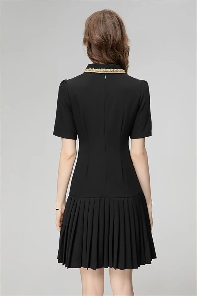 Women's Fashion Black Lapel Party Dress Spring Mini Dress with Button Pockets Elegant Cocktail Clubwear