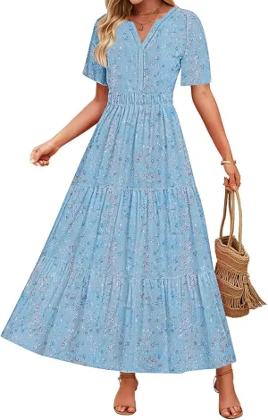 Womens Floral Maxi Dresses V Neck Short Sleeve High Waist A Line Boho Dress 2025 Summer Beach Boho Vacation Dresses