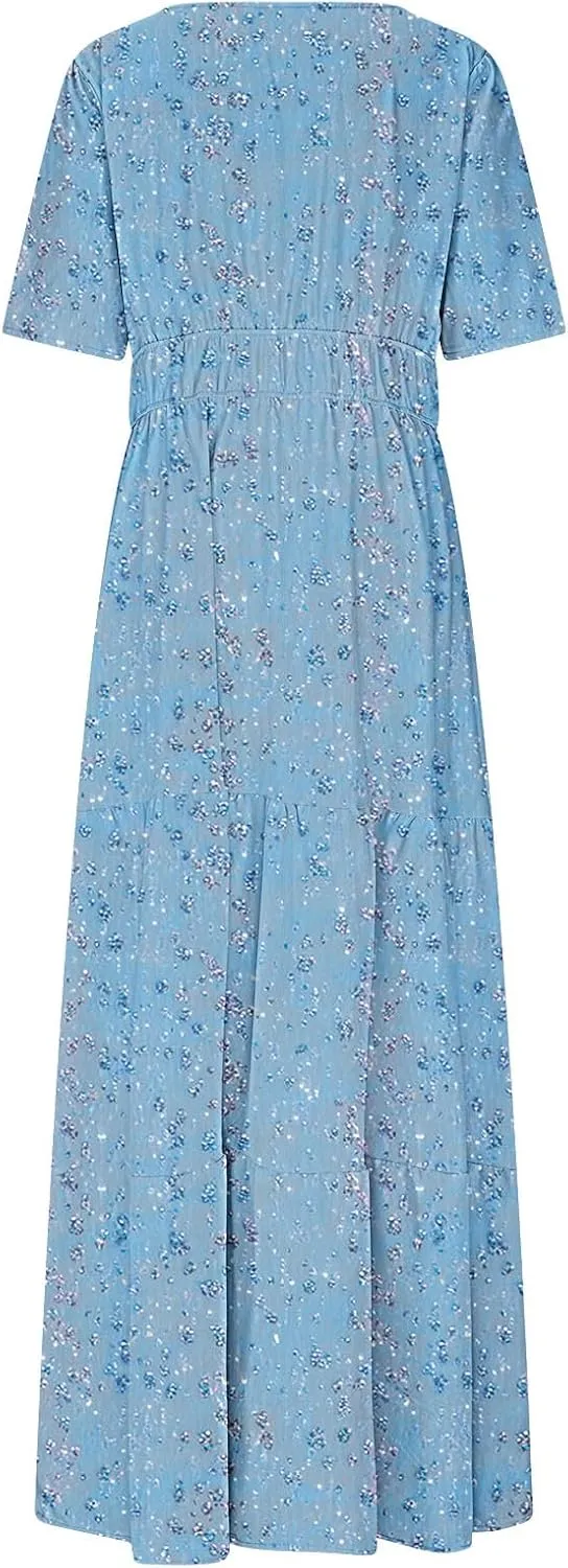 Womens Floral Maxi Dresses V Neck Short Sleeve High Waist A Line Boho Dress 2025 Summer Beach Boho Vacation Dresses
