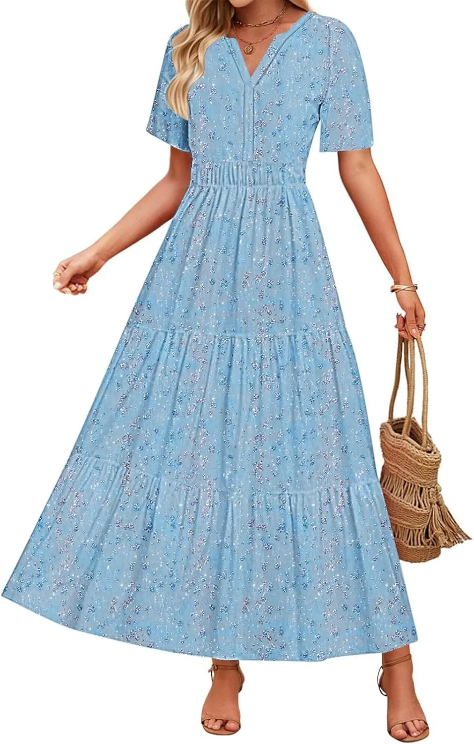Womens Floral Maxi Dresses V Neck Short Sleeve High Waist A Line Boho Dress 2025 Summer Beach Boho Vacation Dresses