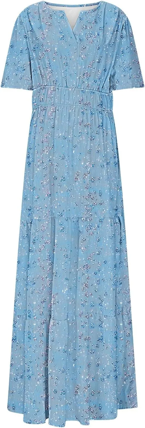 Womens Floral Maxi Dresses V Neck Short Sleeve High Waist A Line Boho Dress 2025 Summer Beach Boho Vacation Dresses