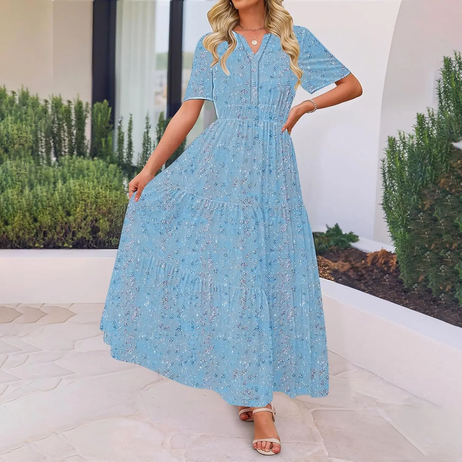 Womens Floral Maxi Dresses V Neck Short Sleeve High Waist A Line Boho Dress 2025 Summer Beach Boho Vacation Dresses