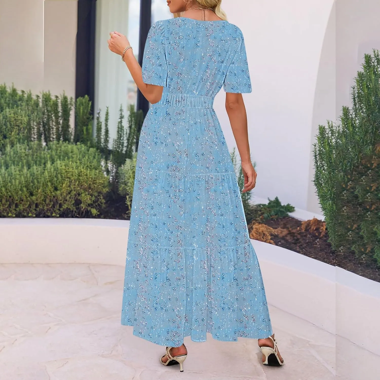 Womens Floral Maxi Dresses V Neck Short Sleeve High Waist A Line Boho Dress 2025 Summer Beach Boho Vacation Dresses