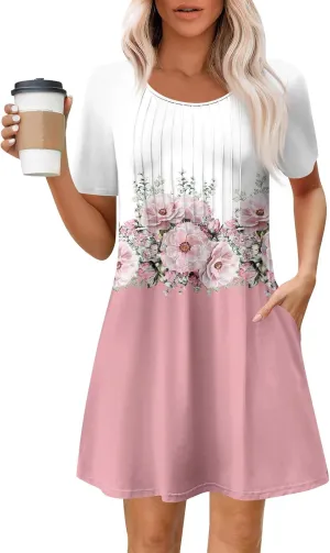 Women's Floral Print Casual Short Sleeve Beach Dress with Pockets Summer Loose Fit Tunic for Everyday Wear