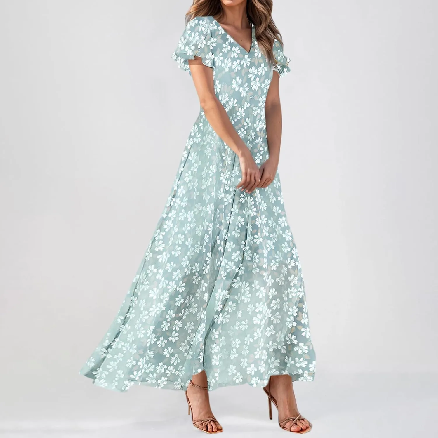 Women's Floral Print Chiffon Dress - Blue, Size S, Midi Length, Spring/Summer