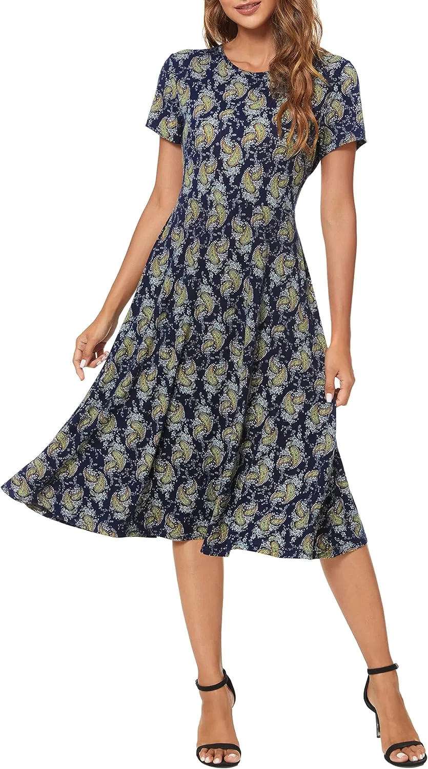 Women's Floral Printed Dress High Waist Midi Dress Short Sleeve
