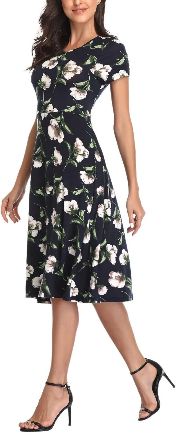 Women's Floral Printed Dress High Waist Midi Dress Short Sleeve
