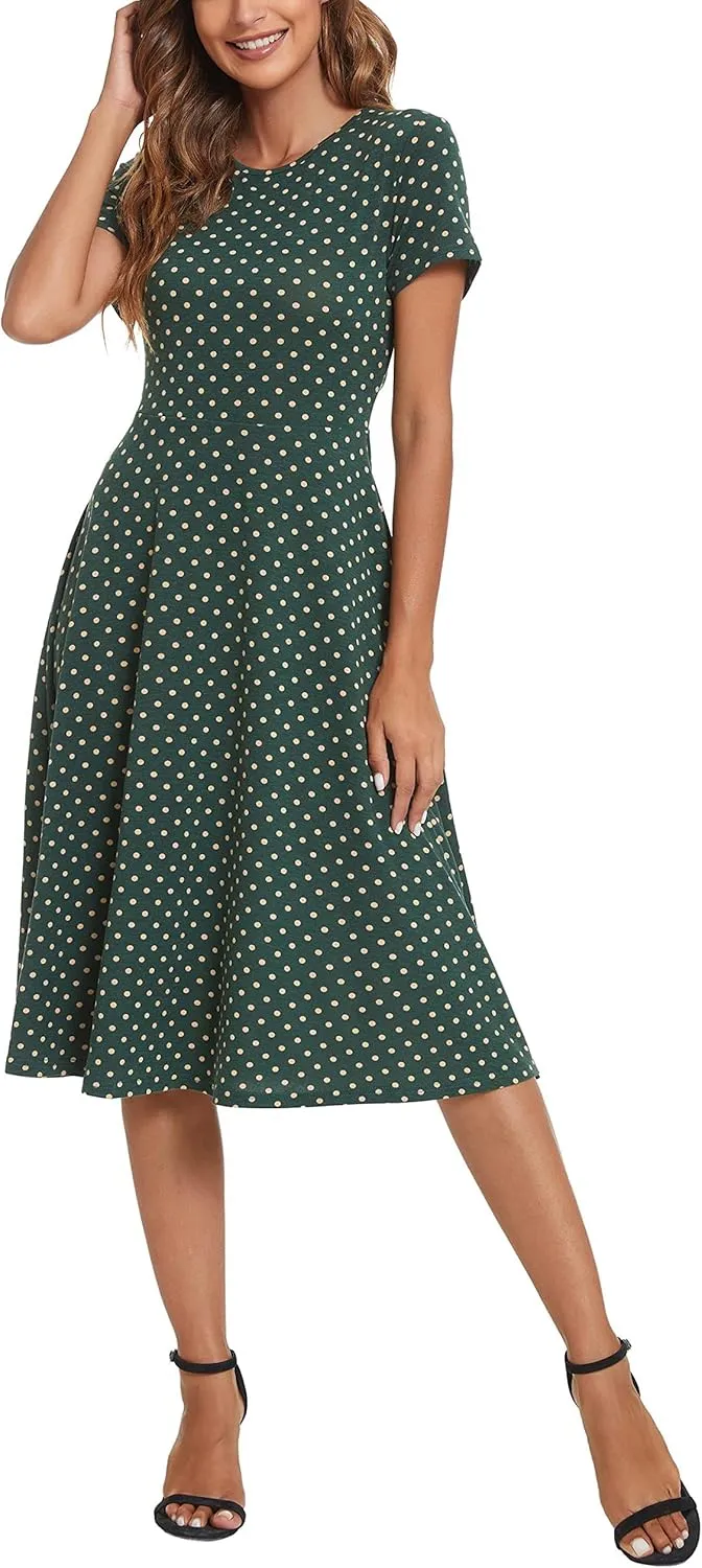 Women's Floral Printed Dress High Waist Midi Dress Short Sleeve