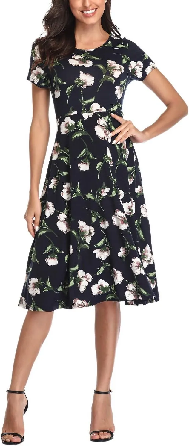 Women's Floral Printed Dress High Waist Midi Dress Short Sleeve