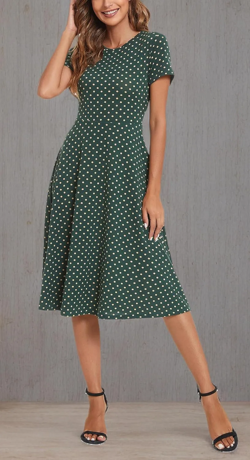 Women's Floral Printed Dress High Waist Midi Dress Short Sleeve