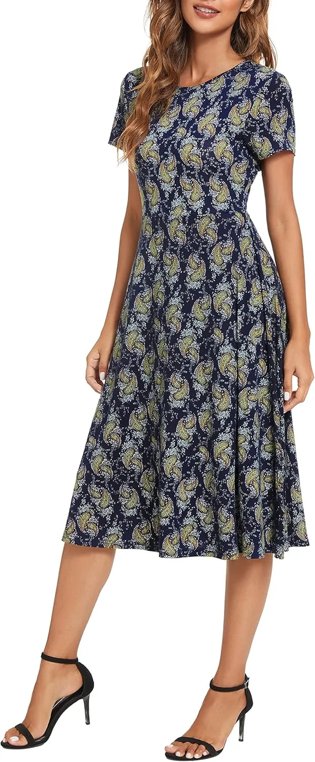 Women's Floral Printed Dress High Waist Midi Dress Short Sleeve