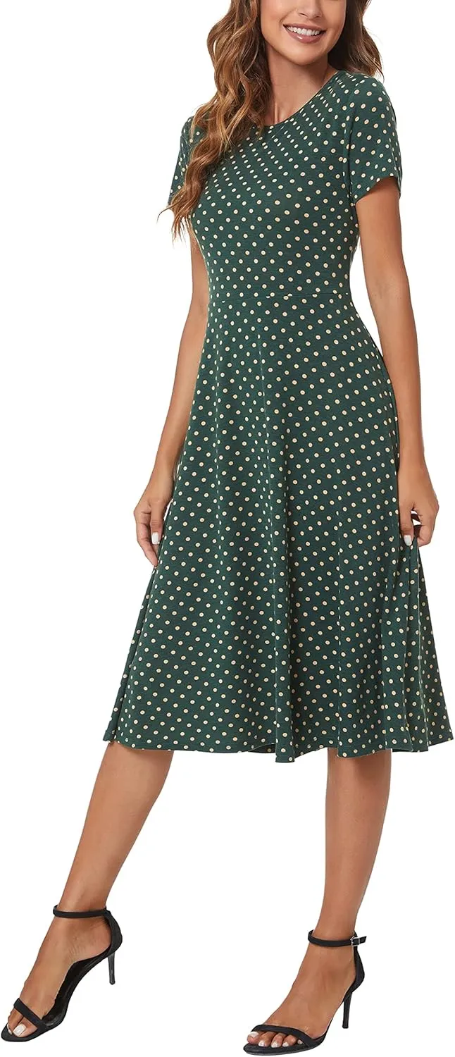 Women's Floral Printed Dress High Waist Midi Dress Short Sleeve