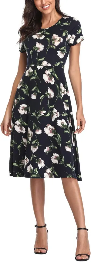 Women's Floral Printed Dress High Waist Midi Dress Short Sleeve
