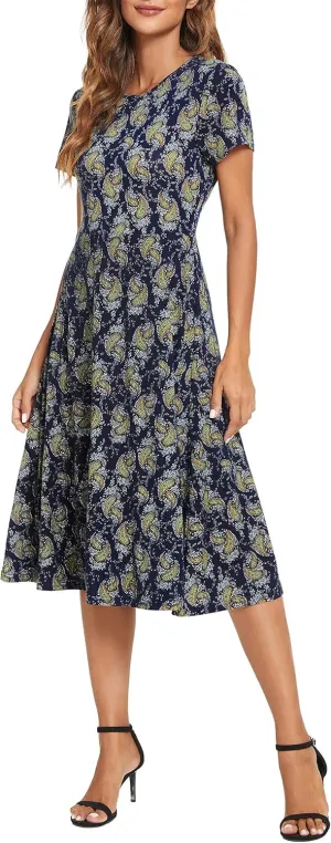 Women's Floral Printed Dress High Waist Midi Dress Short Sleeve
