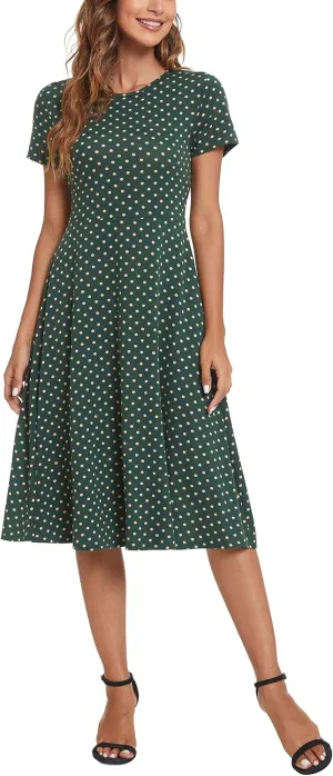 Women's Floral Printed Dress High Waist Midi Dress Short Sleeve