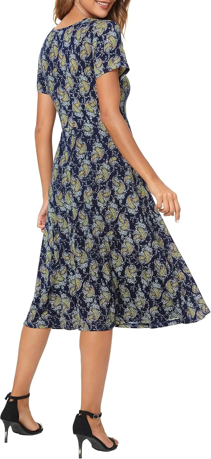 Women's Floral Printed Dress High Waist Midi Dress Short Sleeve