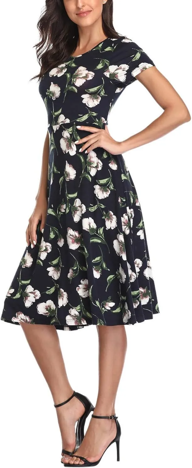 Women's Floral Printed Dress High Waist Midi Dress Short Sleeve