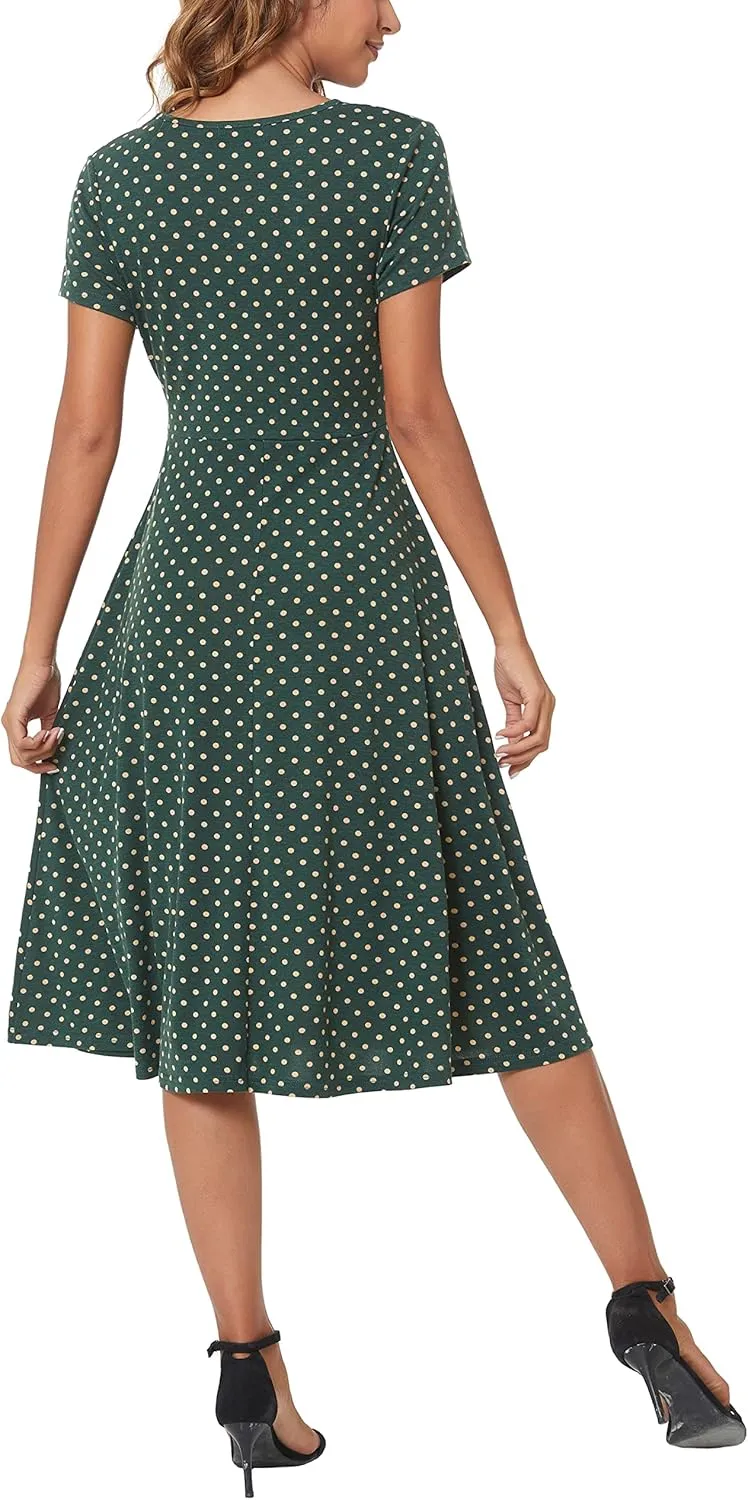 Women's Floral Printed Dress High Waist Midi Dress Short Sleeve