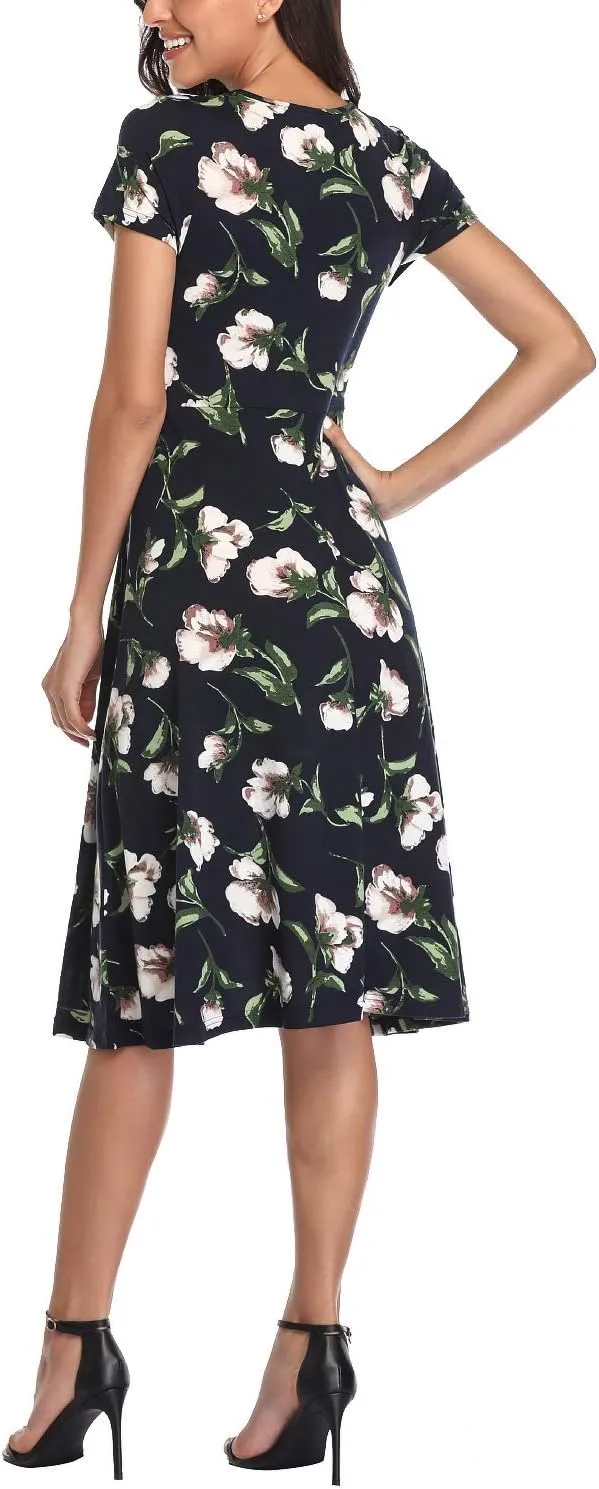 Women's Floral Printed Dress High Waist Midi Dress Short Sleeve