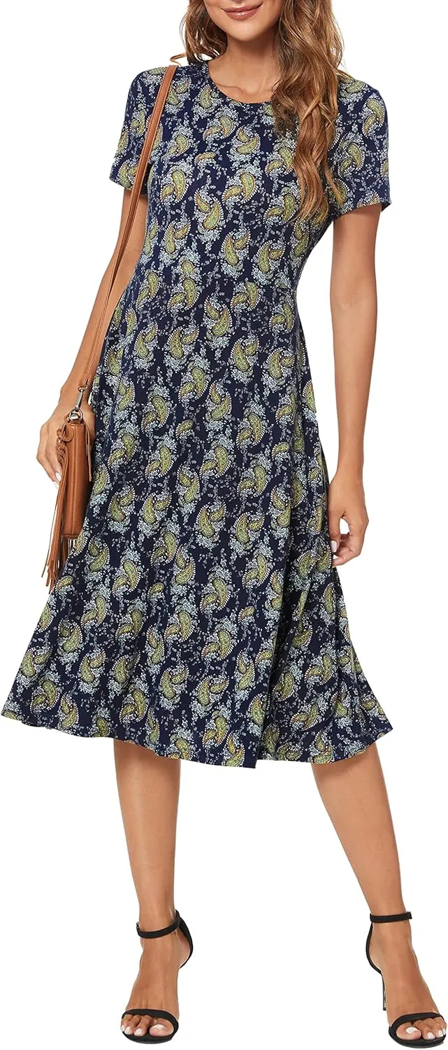 Women's Floral Printed Dress High Waist Midi Dress Short Sleeve