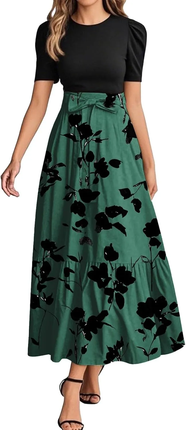Women's Floral Summer Maxi Dresses Boho Tie Belted Patchwork Empire Waist Short Sleeve Ruffle Flowy Long Dress