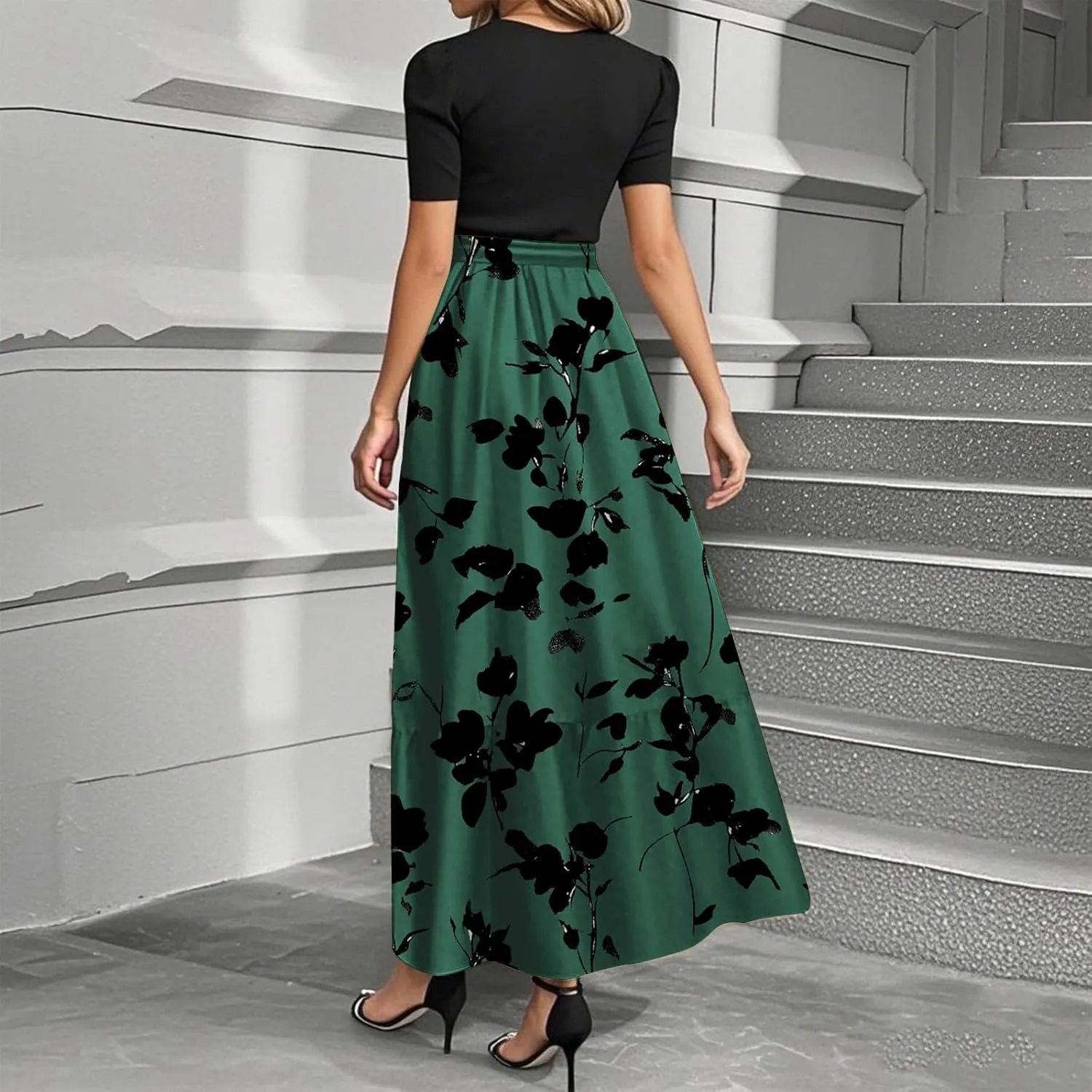 Women's Floral Summer Maxi Dresses Boho Tie Belted Patchwork Empire Waist Short Sleeve Ruffle Flowy Long Dress