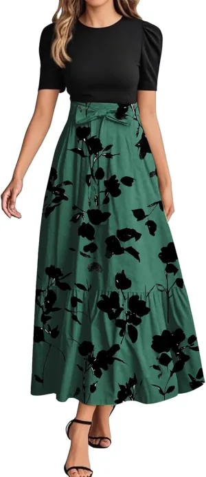 Women's Floral Summer Maxi Dresses Boho Tie Belted Patchwork Empire Waist Short Sleeve Ruffle Flowy Long Dress