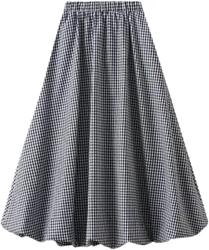 Women's Flower Bud Umbrella Skirt High Waisted A-Line Casual Medium Long Pleated Plaid Skirts