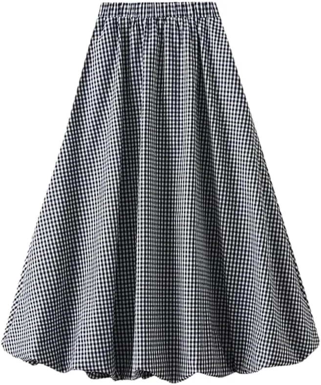Women's Flower Bud Umbrella Skirt High Waisted A-Line Casual Medium Long Pleated Plaid Skirts