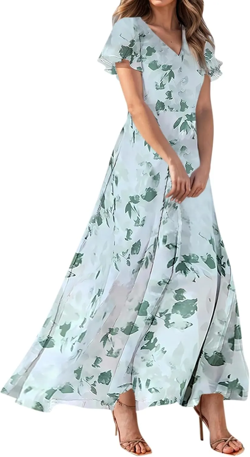 Women's Flowy Floral Print Chiffon Dress - Green, Plus Size Bohemian Dresses, Midi Length, Spring/Summer