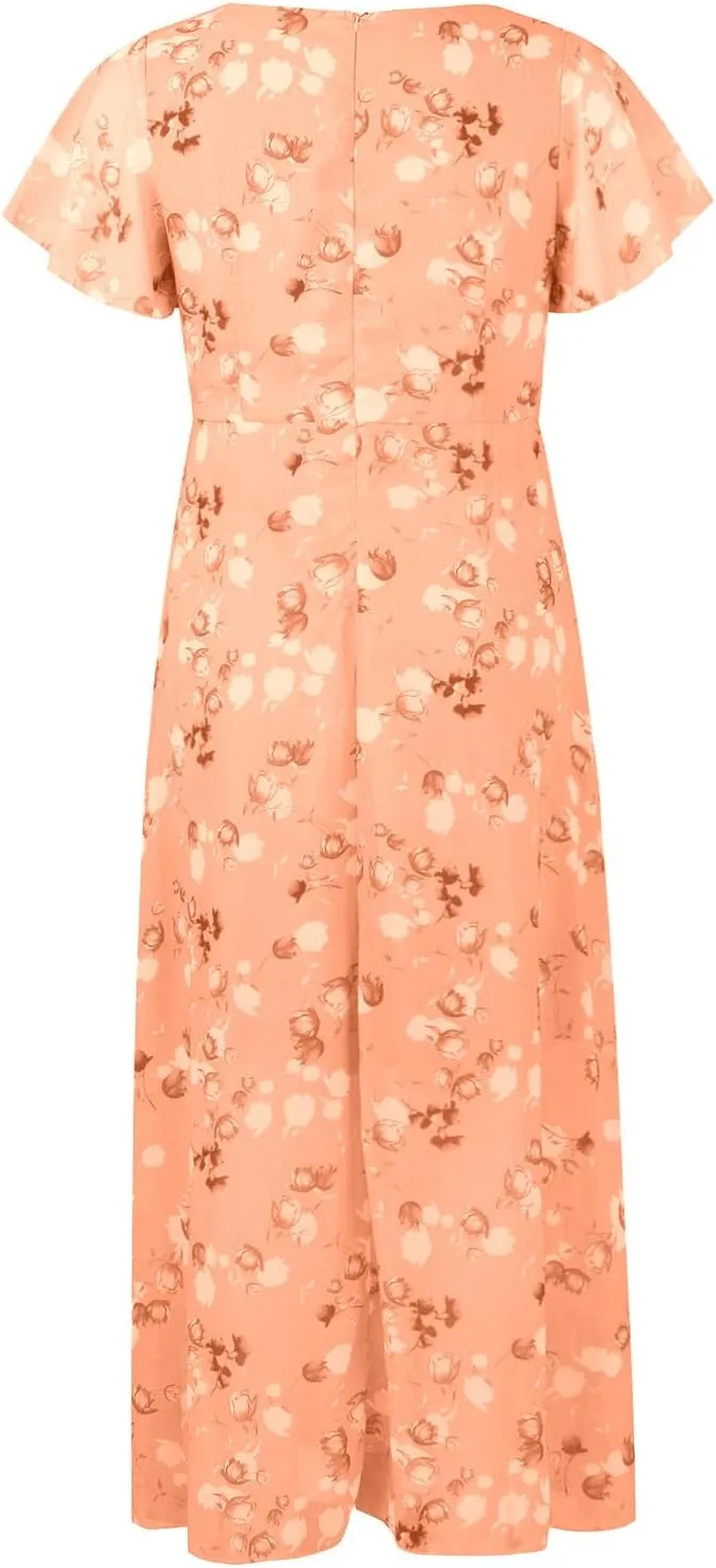 Women's Flowy Floral Print Chiffon Dress - Green, Plus Size Bohemian Dresses, Midi Length, Spring/Summer