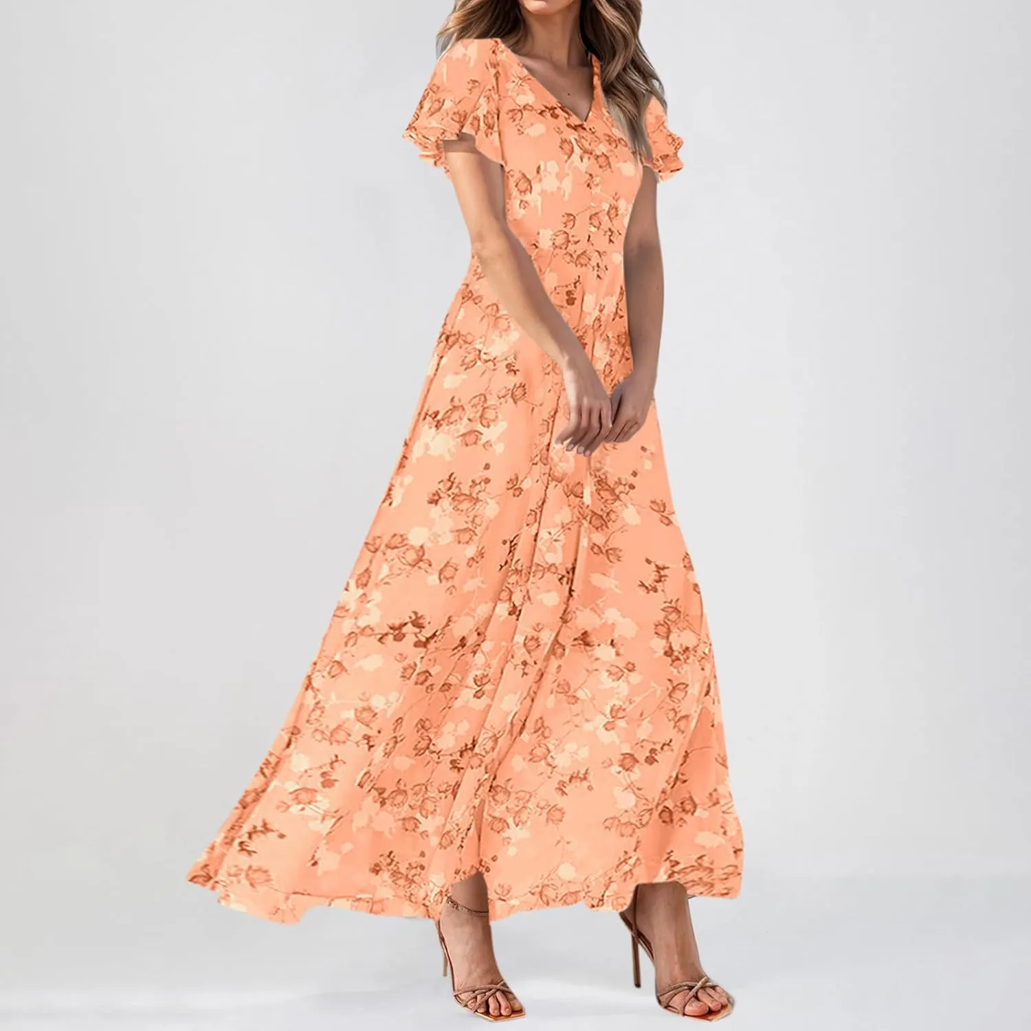 Women's Flowy Floral Print Chiffon Dress - Green, Plus Size Bohemian Dresses, Midi Length, Spring/Summer