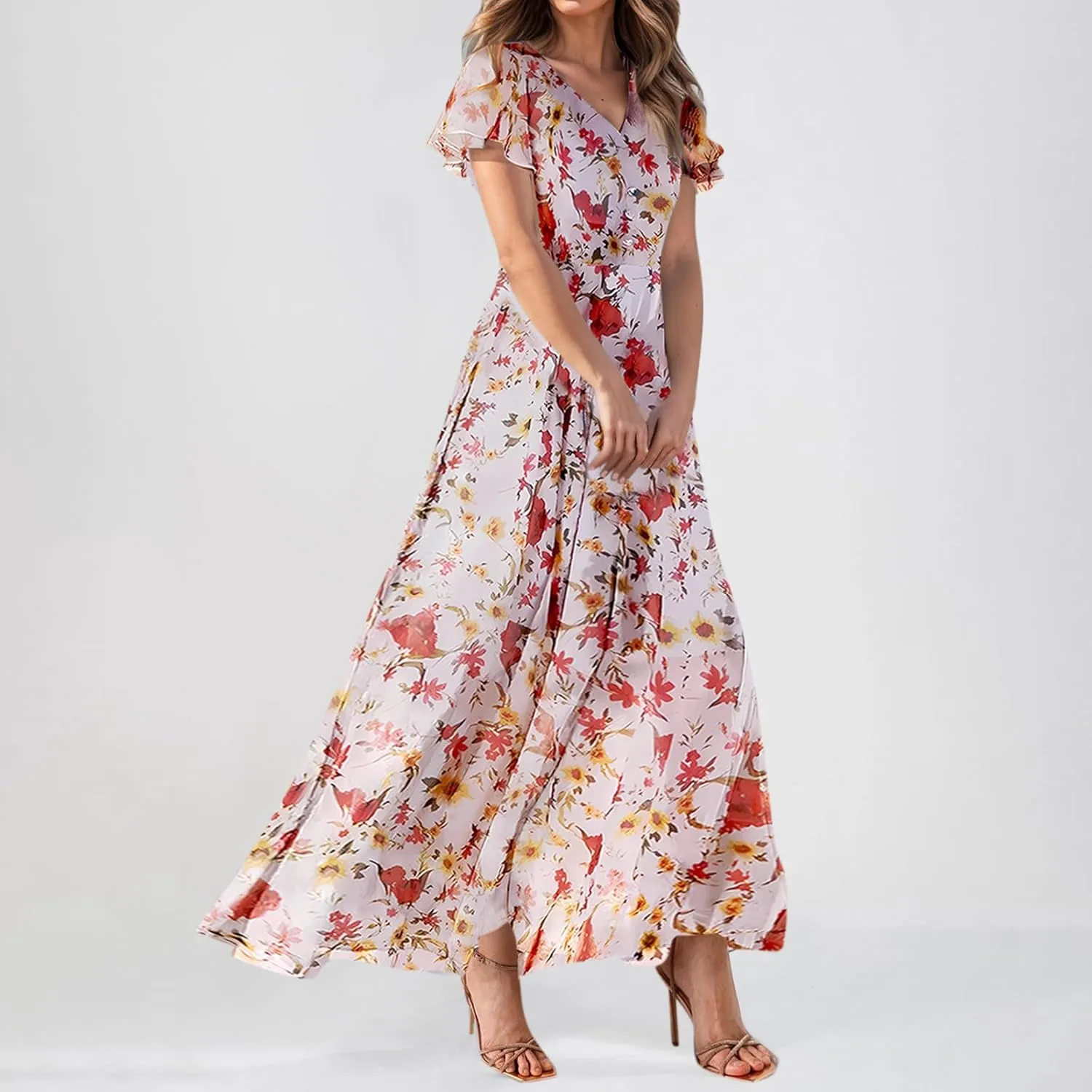 Women's Flowy Floral Print Chiffon Dress - Green, Plus Size Bohemian Dresses, Midi Length, Spring/Summer