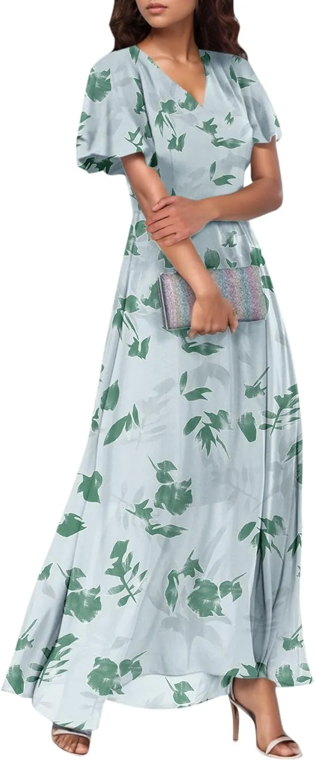Women's Flowy Floral Print Chiffon Dress - Green, Plus Size Bohemian Dresses, Midi Length, Spring/Summer