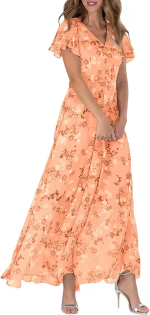 Women's Flowy Floral Print Chiffon Dress - Green, Plus Size Bohemian Dresses, Midi Length, Spring/Summer