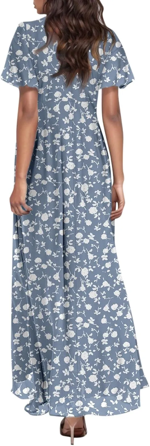 Women's Flowy Floral Print Chiffon Dress - Green, Plus Size Bohemian Dresses, Midi Length, Spring/Summer