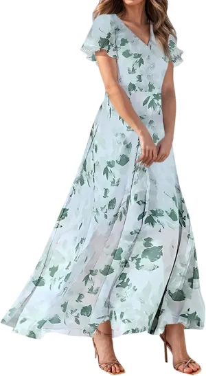 Women's Flowy Floral Print Chiffon Dress - Green, Plus Size Bohemian Dresses, Midi Length, Spring/Summer